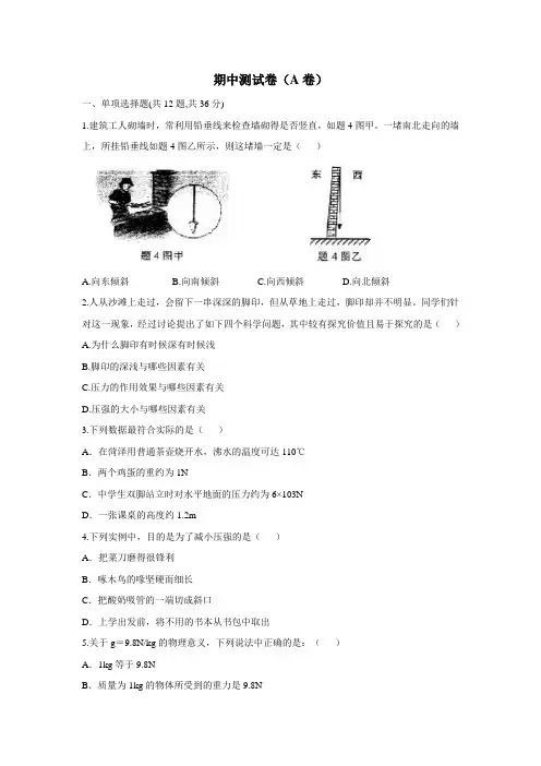 八年级物理下册人教版：期中测试卷(A卷)(无答案)