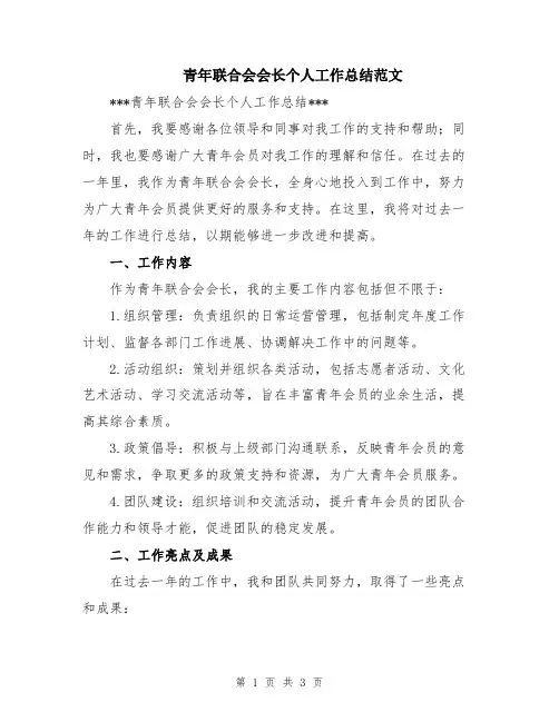 青年联合会会长个人工作总结范文