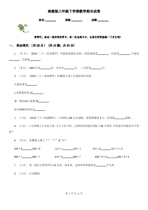湘教版三年级下学期数学期末试卷新版
