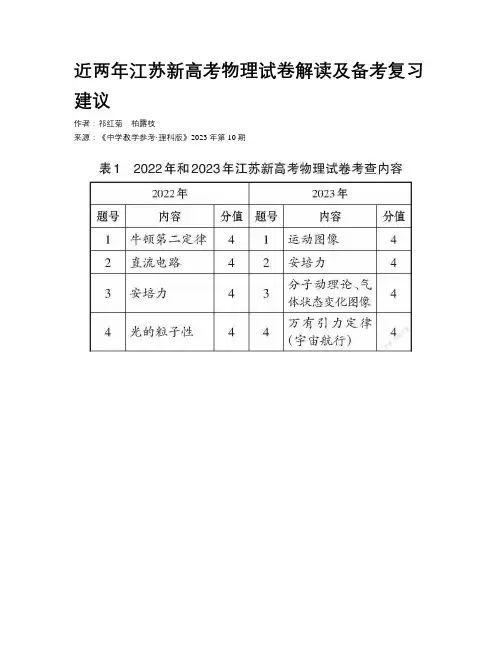 近两年江苏新高考物理试卷解读及备考复习建议