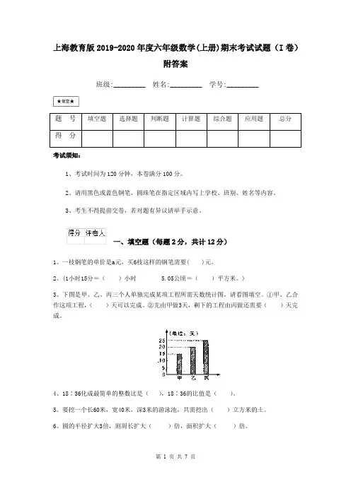 上海教育版2019-2020年度六年级数学(上册)期末考试试题(I卷) 附答案