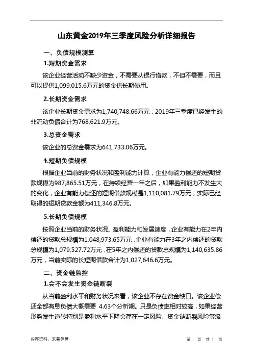 山东黄金2019年三季度财务风险分析详细报告