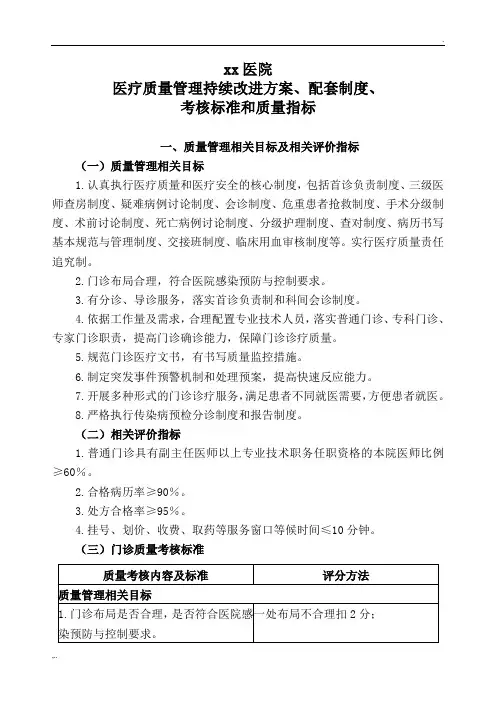 医疗质量管理持续改进方案、配套制度、 考核标准和质量指标