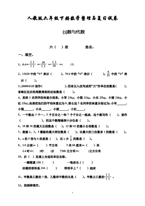 [精选]人教版六年级数学下册第6单元整理与复习《数与代数》测试卷题1