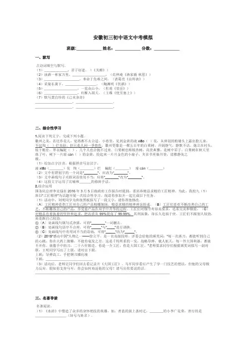 安徽初三初中语文中考模拟带答案解析
