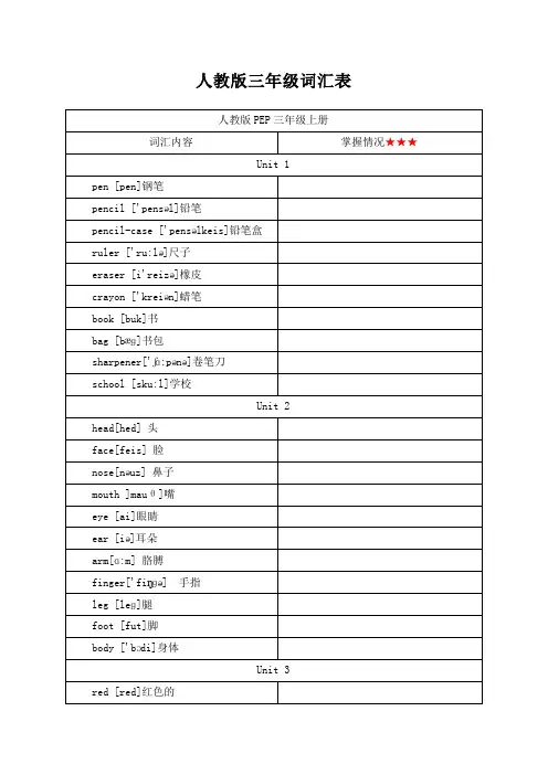 人教版三年级词汇表