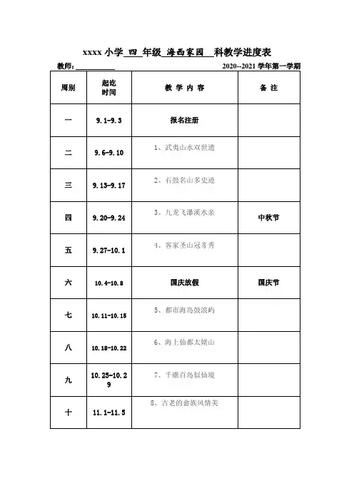 21秋闽教版四年级海西家园上册教学进度表