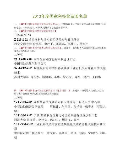 2013年度国家科技奖获奖名单