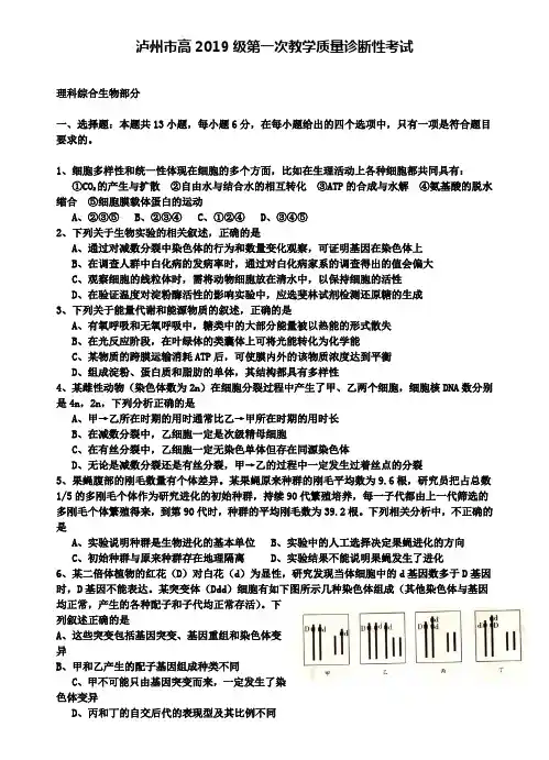 四川省泸州市2019届高三第一次教学质量诊断性考试理综生物+【五套理综模拟卷】