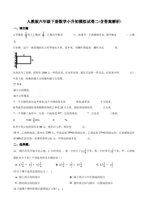人教版六年级下册数学小升初模拟试卷二(含答案解析)