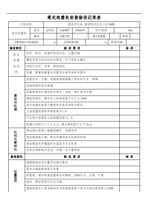 塔式起重机安装验收记录表(综合验收表)