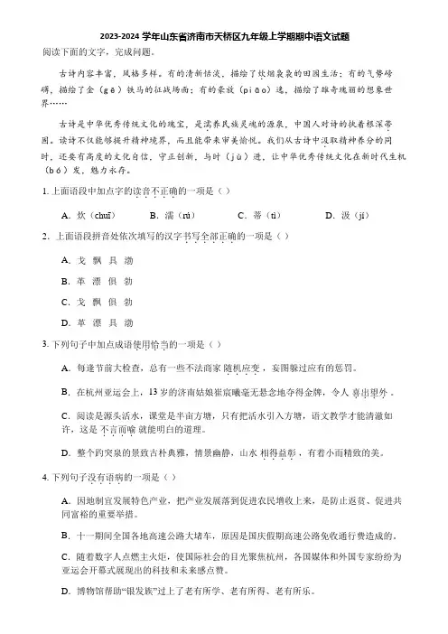 2023-2024学年山东省济南市天桥区九年级上学期期中语文试题