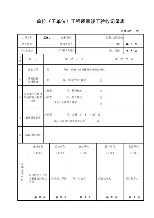 鲁JG-002单位(子单位)工程质量竣工验收记录表