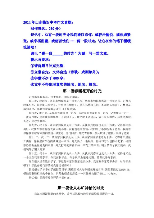 2014年山东临沂中考优秀作文选