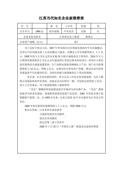 江苏当代知名企业家推荐表