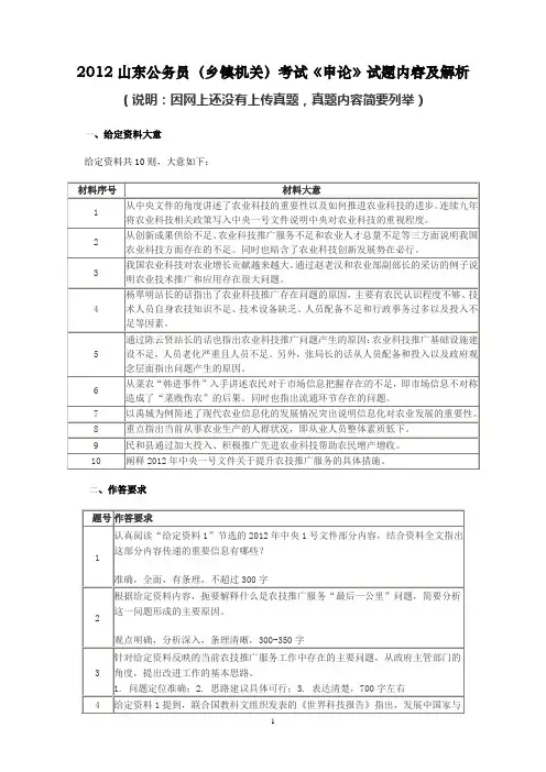 2012山东公务员(乡镇)考试《申论》试题内容及解析