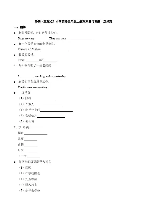 外研(三起点)小学英语五年级上册期末复习专题：汉译英(1)