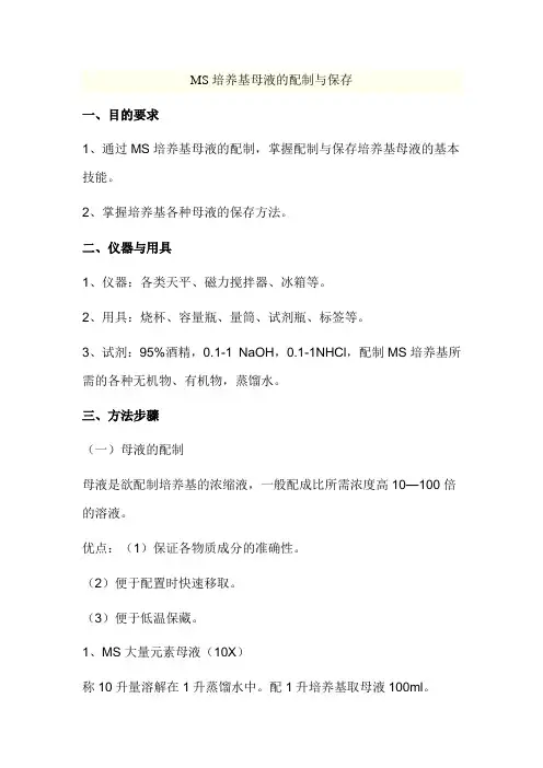 MS培养基母液的配制与保存