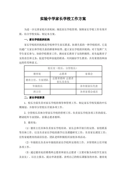 实验中学家长学校工作方案