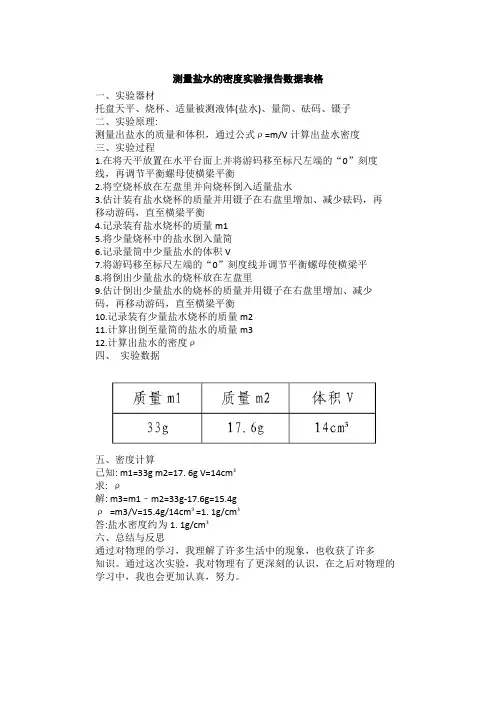 测量盐水的密度实验报告数据表格