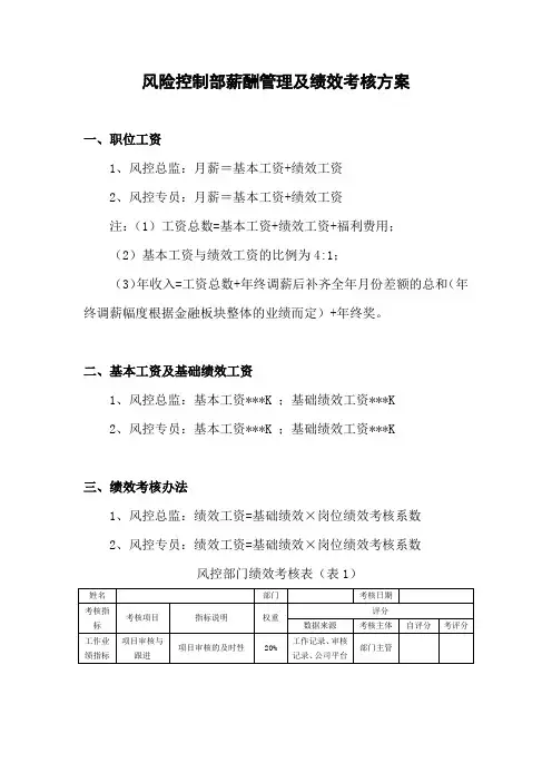 风险控制部薪酬管理及绩效考核方案