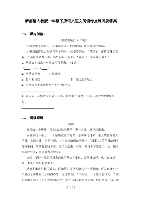 新部编人教版一年级下册语文短文阅读考点练习及答案