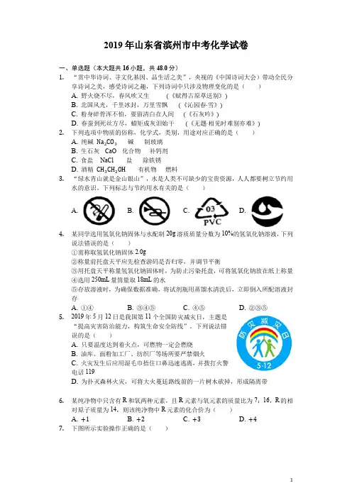 2019年山东省滨州市中考化学试卷(Word版、解析版)