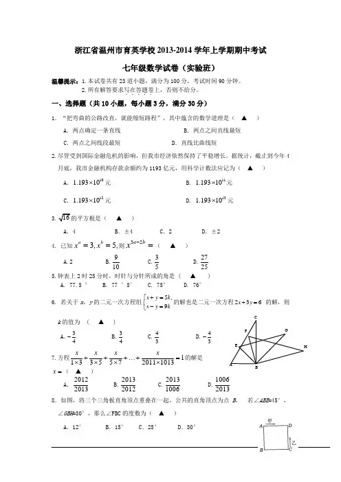 浙江省温州市育英学校2013-2014学年七年级上期中考试数学试卷(实验班)及答案
