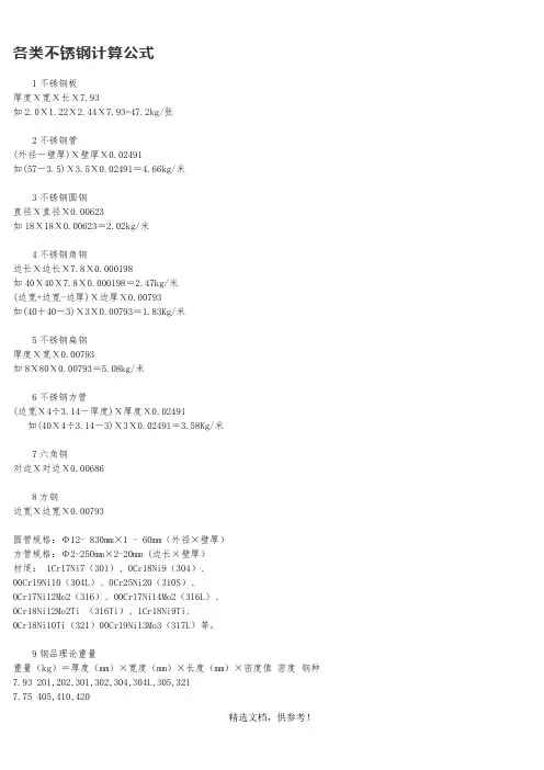 各类不锈钢计算公式
