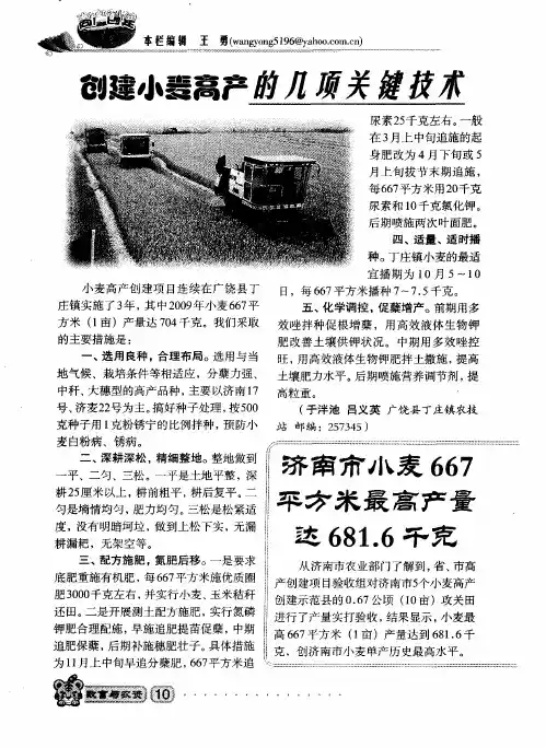 济南市小麦667平方米最高产量达681.6千克