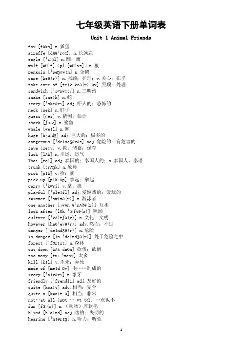 初中英语新人教版七年级下册Unit1—Unit8单词表(2025春)