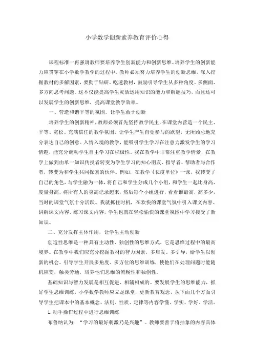 小学教师创新素养教育评价心得