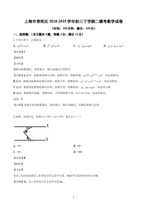 上海市普陀区2018-2019学年初三下学期二模考数学试卷（解析版）