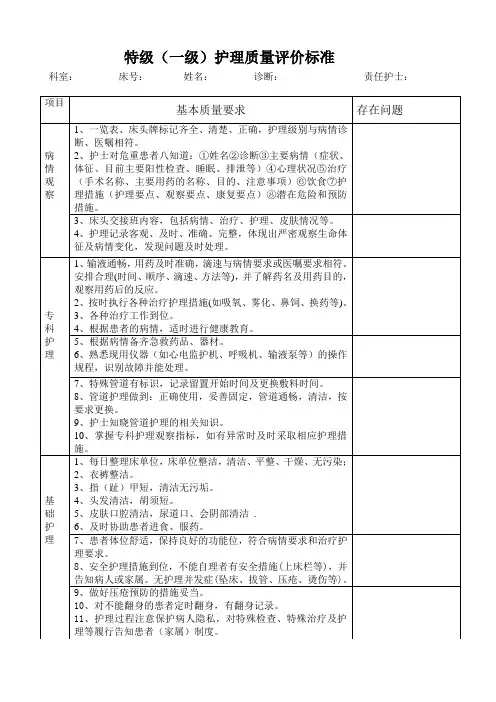 特级护理质量评价标准