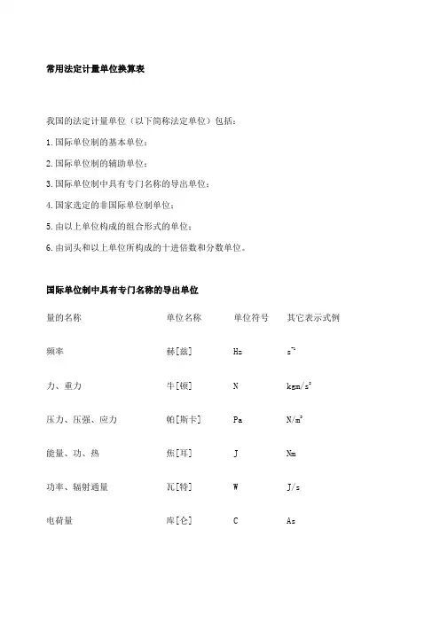 常用法定计量单位换算表