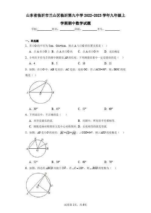 山东省临沂市兰山区临沂第九中学2022-2023学年九年级上学期期中数学试题
