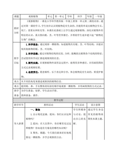 教科版(2024)一年级科学上册第一单元《2.观察植物》精品教案