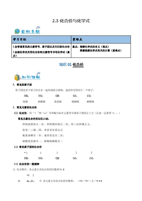 2-3 化合价与化学式-九年级化学第一学期同步讲与练(沪教版上海)
