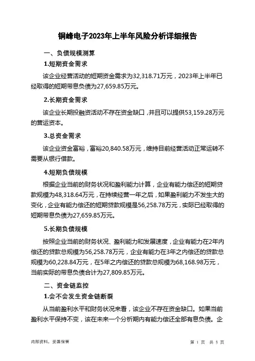 600237铜峰电子2023年上半年财务风险分析详细报告