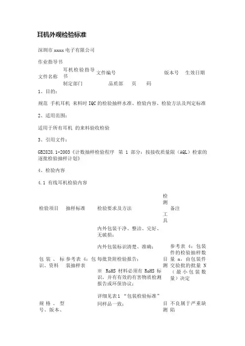 耳机外观检验标准