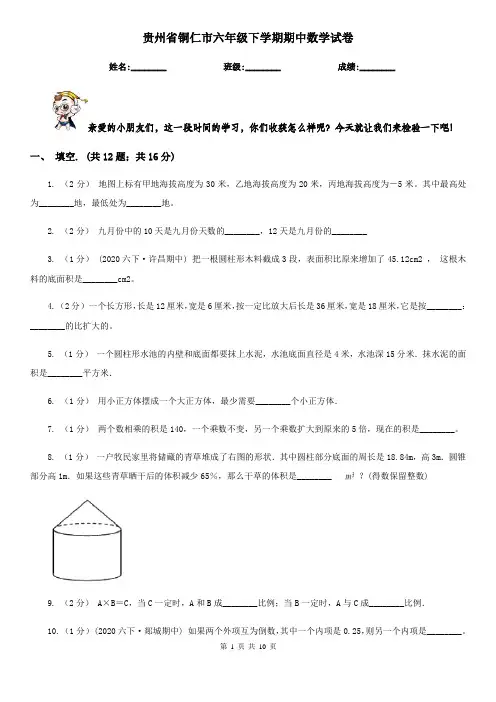 贵州省铜仁市六年级下学期期中数学试卷