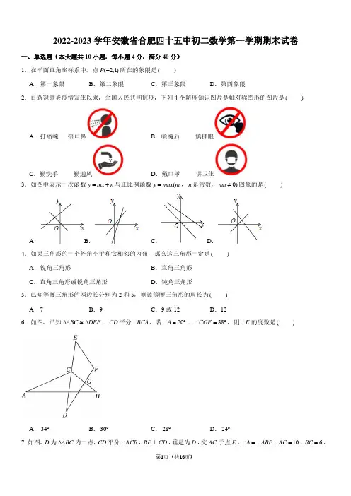 2022-2023学年安徽省合肥四十五中八年级上学期期末数学试卷及参考答案