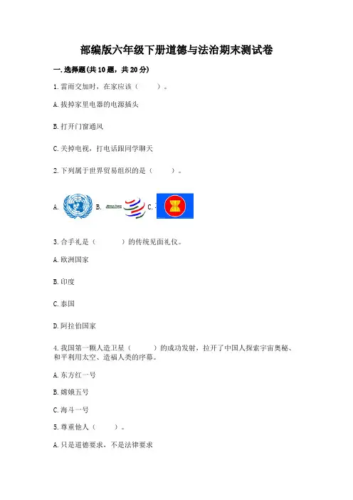 部编版六年级下册道德与法治期末测试卷附参考答案(实用)