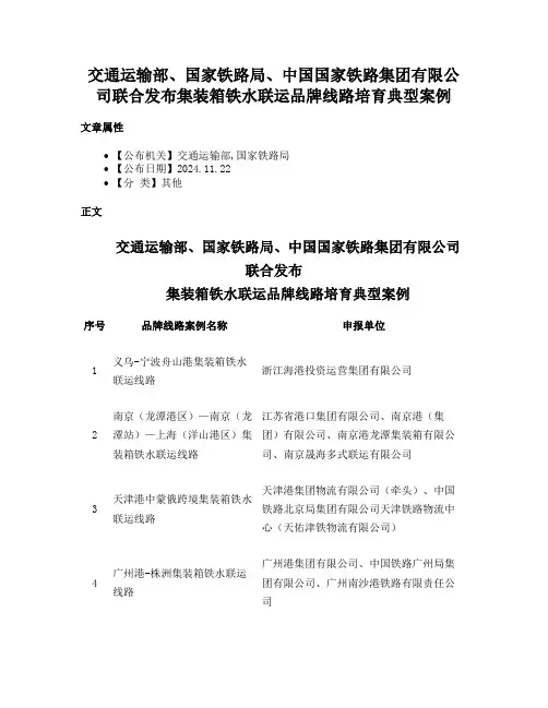 交通运输部、国家铁路局、中国国家铁路集团有限公司联合发布集装箱铁水联运品牌线路培育典型案例