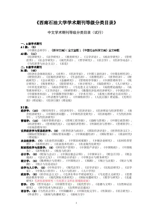 西南财大学术期刊等级分类