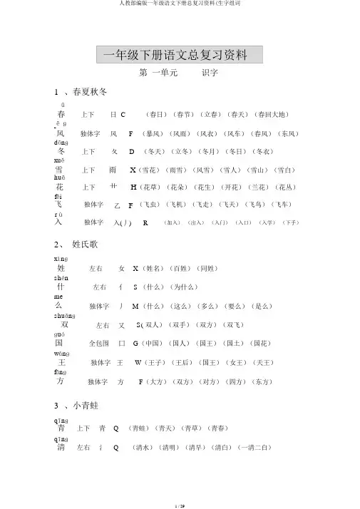 人教部编版一年级语文下册总复习资料(生字组词