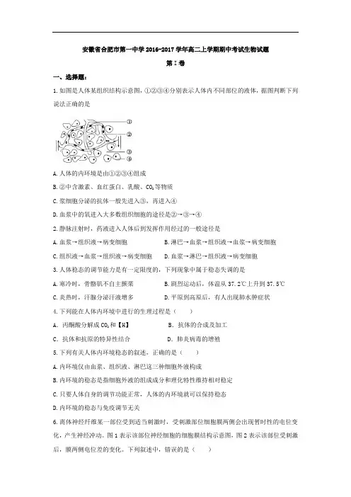 安徽省合肥市第一中学2016-2017学年高二上学期期中考试生物试题 Word版含答案