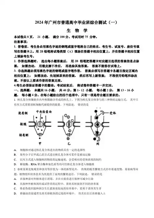 广东省广州市2024届普通高中毕业班综合测试(一)生物试题含答