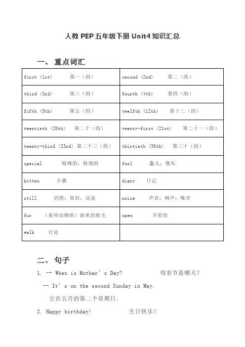 人教PEP五年级下册 Unit4 知识汇总