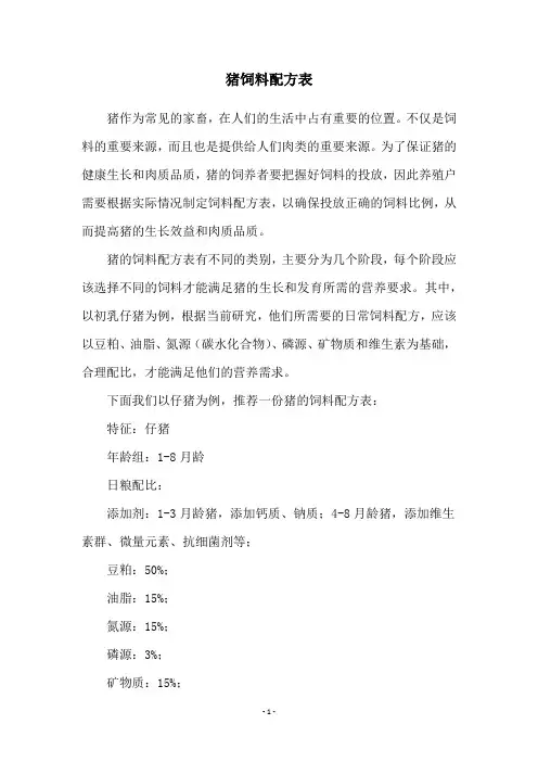 猪饲料配方表